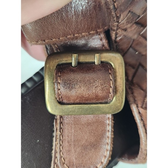 Square Heel Open Toe Leather Woven Upper Shoes Women’s Size 8.5‎ Brown Buckle - Picture 13 of 14